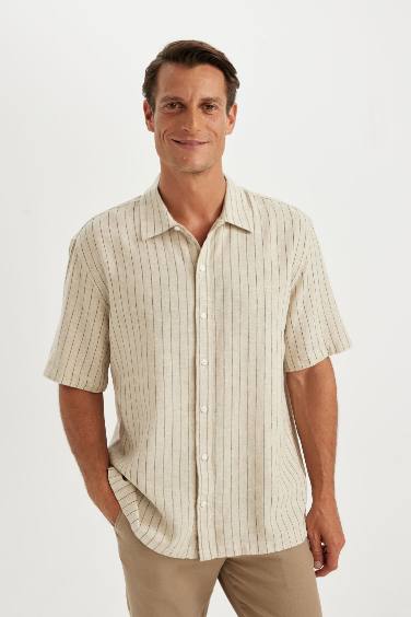 Relax Fit Polo Collar linen Striped Short Sleeve Shirt