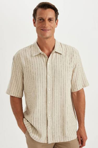 Relax Fit Polo Collar linen Striped Short Sleeve Shirt