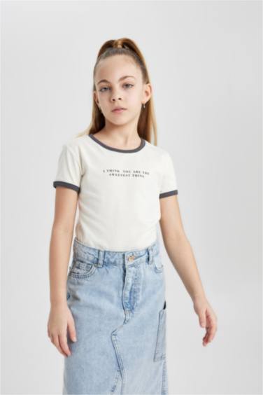 Girl Crop Slogan Printed Short Sleeve T-Shirt