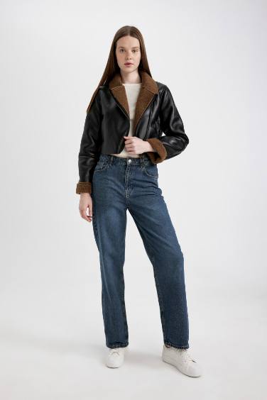 Su Geçirmez Regular Kalıp Fermuarlı İçi Suni Kürklü Kısa Suni Deri Mont