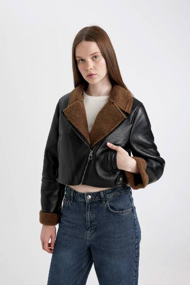 Su Geçirmez Regular Kalıp Fermuarlı İçi Suni Kürklü Kısa Suni Deri Mont