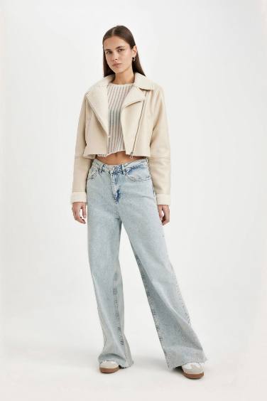 Su Geçirmez Regular Kalıp Fermuarlı İçi Suni Kürklü Kısa Suni Deri Mont