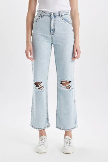 Wide Leg Ripped Detailed High Waist Long Washed Jeans