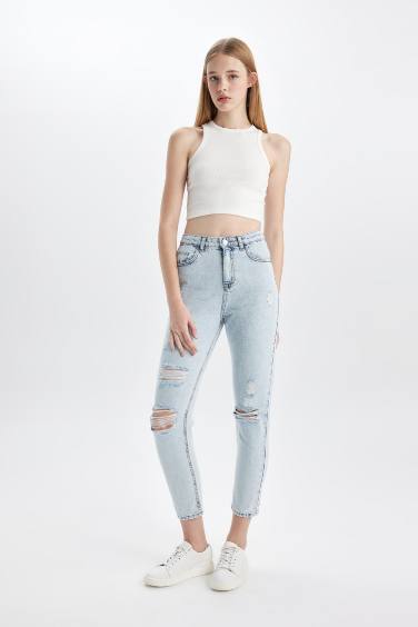 سروال جينز موم فيت بخصر عالي