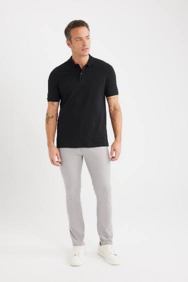 %100 Pamuk Regular Fit Polo Yaka Kısa Kollu Basic Düz Pike Kumaş Siyah Tişört