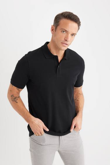 %100 Pamuk Regular Fit Polo Yaka Kısa Kollu Basic Düz Pike Kumaş Siyah Tişört