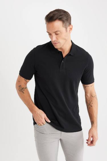 %100 Pamuk Regular Fit Polo Yaka Kısa Kollu Basic Düz Pike Kumaş Siyah Tişört