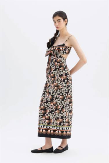 Lug Von Siga x DeFacto Bodycon Patterned Strappy Poplin Midi Dress