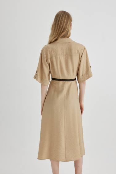 Shirt Collar Half Sleeve Belted Midi Dress