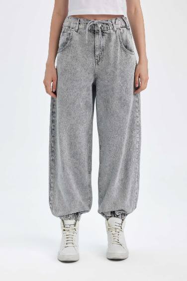 Pantalon Jogging en Jean Taille Haute Délavé