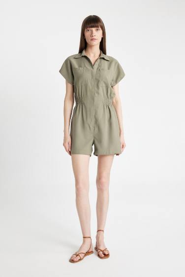 Shirt Collar Tencel Short Sleeve Jumpsuit