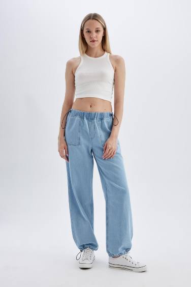 بنطرون جينز كارجو طويل بخصر عالي