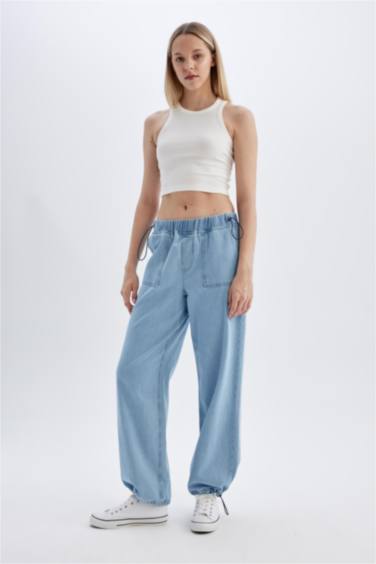 بنطرون جينز كارجو طويل بخصر عالي