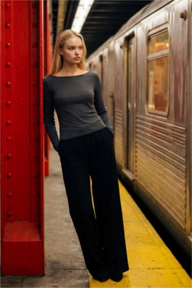 Wide Leg Geniş Bol Paça Beli Lastikli Bağcıklı Cepli Kumaş Palazzo Pantolon