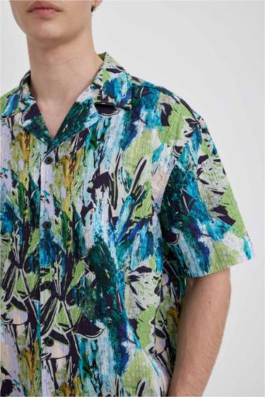 Oversize Fit Resort Collar Patterned Cotton Shirt