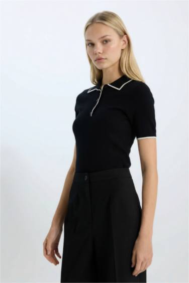 Fitted Polo Yaka Kısa Kollu Triko Tişört