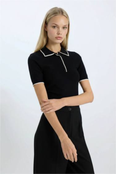 Fitted Polo Yaka Kısa Kollu Triko Tişört