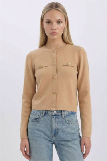 Regular Fit Bisiklet Yaka Basic Düz Düğmeli Triko Hırka