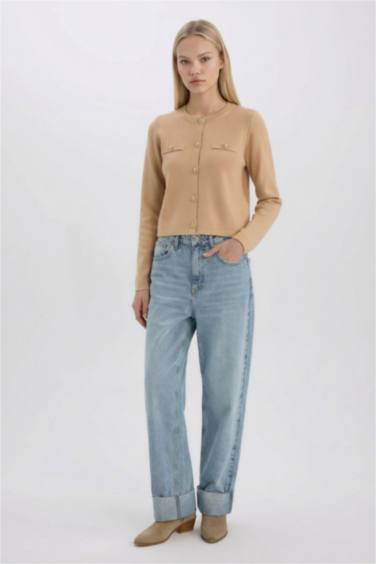 Regular Fit Bisiklet Yaka Basic Düz Düğmeli Triko Hırka