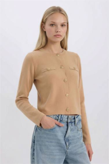 Regular Fit Bisiklet Yaka Basic Düz Düğmeli Triko Hırka