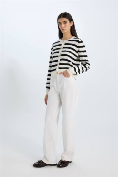 Regular Fit Çizgili Bisiklet Yaka Triko Hırka