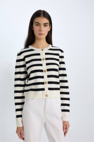 Regular Fit Çizgili Bisiklet Yaka Triko Hırka