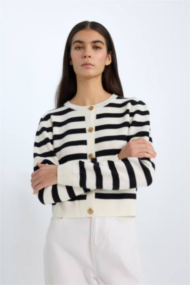 Regular Fit Çizgili Bisiklet Yaka Triko Hırka