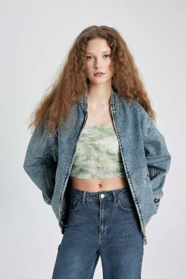 Oversize Fit College Collar Zippered Denim Bomber Jacket