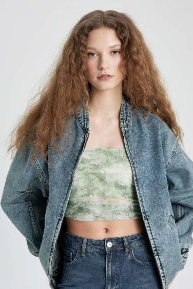 Oversize Fit College Collar Zippered Denim Bomber Jacket