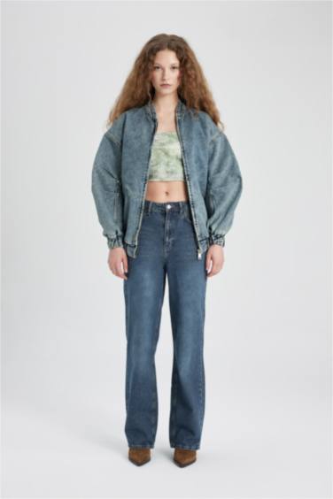 Oversize Geniş Kalıp Jean Bomber Ceket Kolej Yaka Fermuarlı Çift Cepli