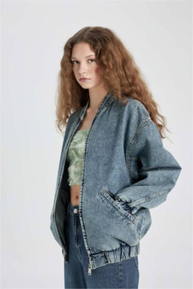 Oversize Geniş Kalıp Jean Bomber Ceket Kolej Yaka Fermuarlı Çift Cepli