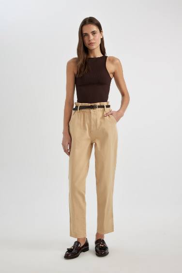 Pantalon Baggy en Gabardine à Taille Haute et Jambe Courte