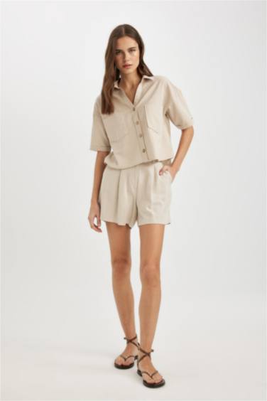 شورت بخصر عالي وايد ليج ممزوج بالكتان