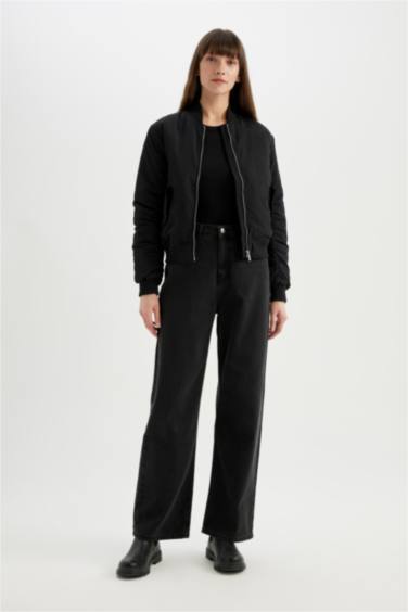 Su Geçirmez Kolej Yaka Düz Fermuarlı Cepli Bomber Ceket Mont