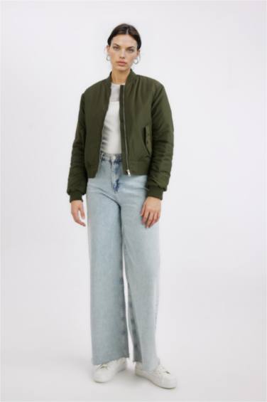 Su Geçirmez Kolej Yaka Düz Fermuarlı Cepli Bomber Ceket Mont