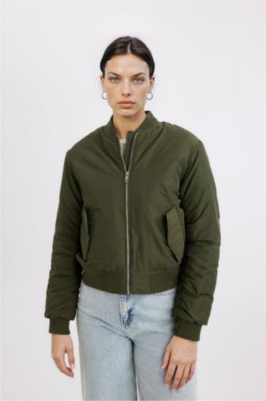 Su Geçirmez Kolej Yaka Düz Fermuarlı Cepli Bomber Ceket Mont