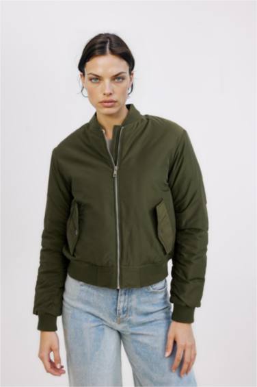 Su Geçirmez Kolej Yaka Düz Fermuarlı Cepli Bomber Ceket Mont