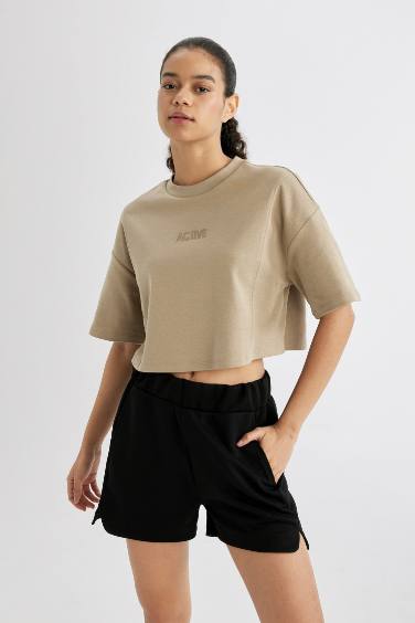 DeFactoFit Crew Neck Printed Crop Top