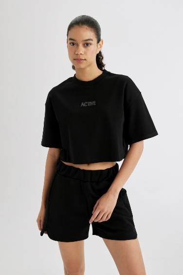 DeFactoFit Crew Neck Printed Crop Top