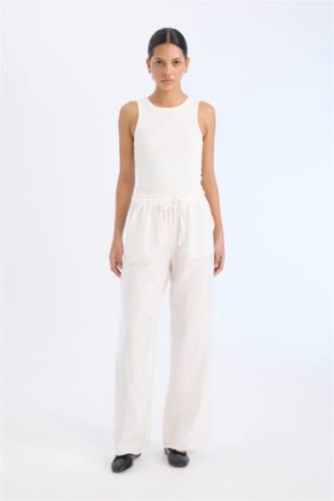 Прямые брюки с карманами, высокой талией, широкими ногами, длинные, из ткани кринкль