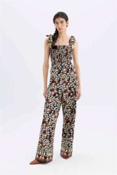 Square Collar Flower Sleeveless Jumpsuit