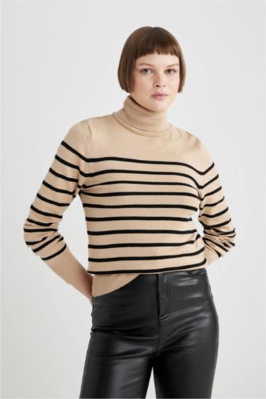 Regular Fit Striped Turtleneck Knitted Pullover