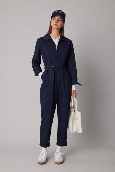 Shirt Collar Gabardine Long Sleeve Belted Jumpsuit