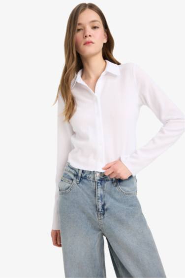 قميص كم طويل القماش المنسوج سليم فيت بياقة قميص