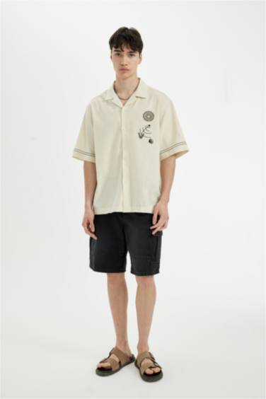 Relax Fit Apache Neck Cotton Embroidered Short Sleeve Shirt