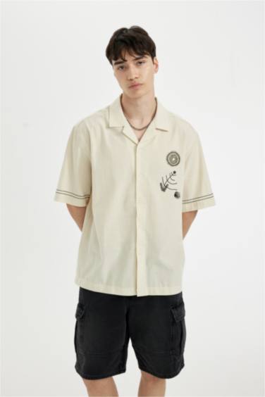 Relax Fit Apache Neck Cotton Embroidered Short Sleeve Shirt