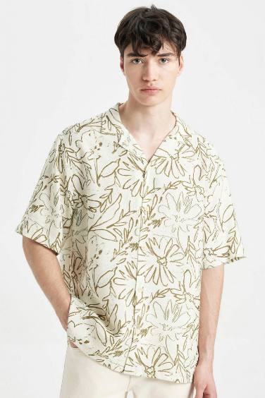 Relax Fit Apache Neck Viscose Printed Short Sleeve Shirt