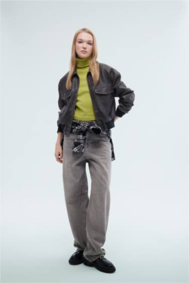 Su Geçirmez Suni Deri Ceket Mont Regular Kalıp Polo Yaka Fermuarlı Eskitme