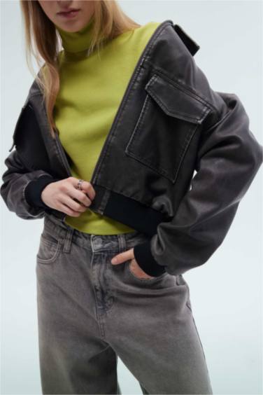 Su Geçirmez Suni Deri Ceket Mont Regular Kalıp Polo Yaka Fermuarlı Eskitme