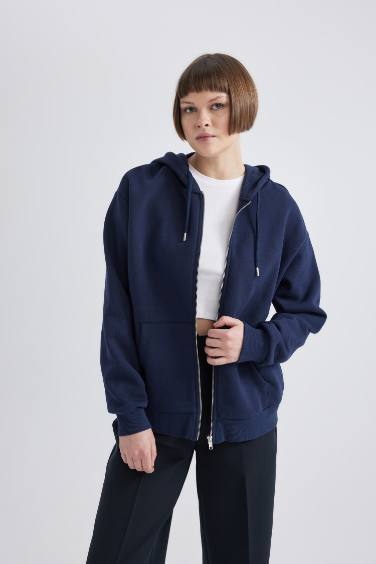 Relax Fit Hooded Pocket Basic Zippered Sweatshirt